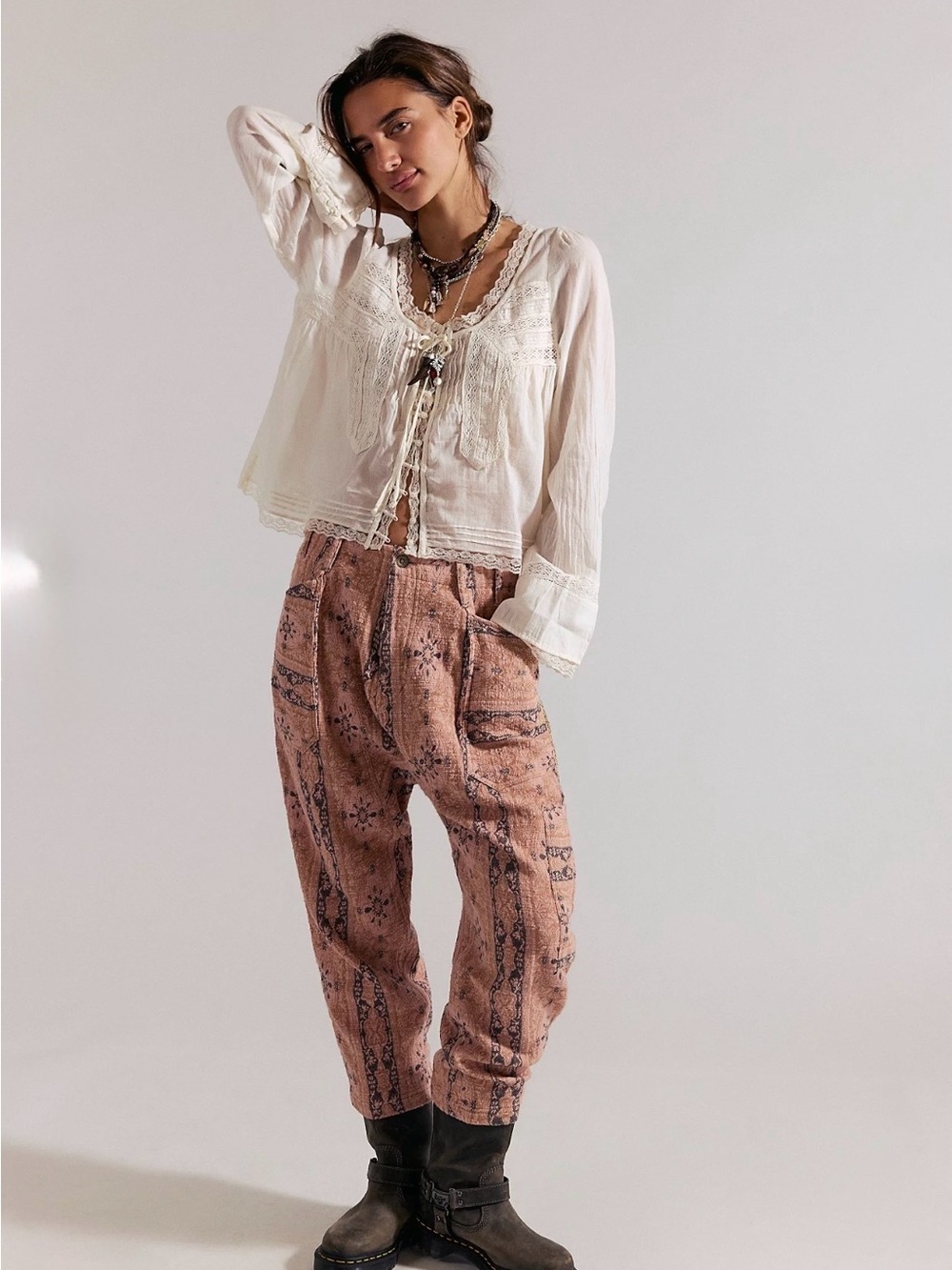 Free People Rose-Tan Printed Slouchy Straight-Leg Pants - Picture 2 of 10